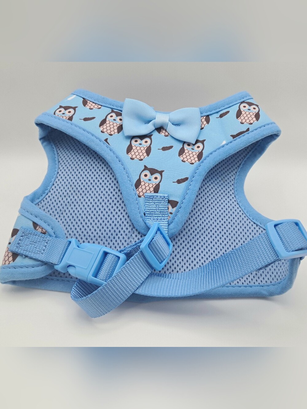 Cute Blue Owl Print Bowtie Pet Harness with 4 ft Leash Small Dog Cat 10" Neck